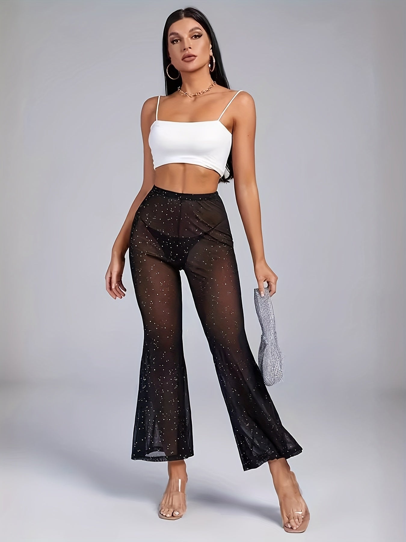 Pantalon Transparent Noir avec Strass Étincelants