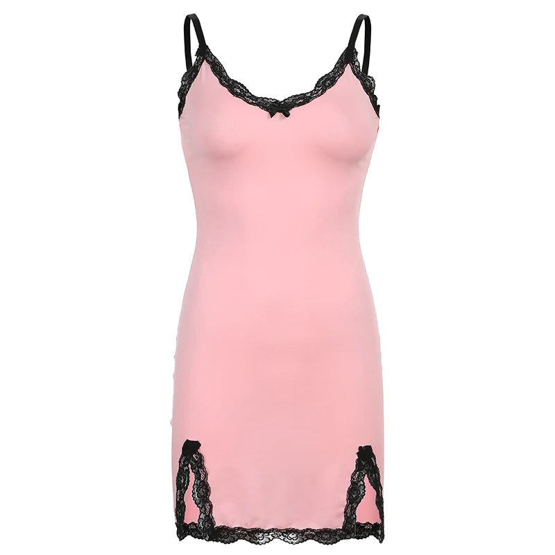 Robe Rose Détails Dentelle Noir