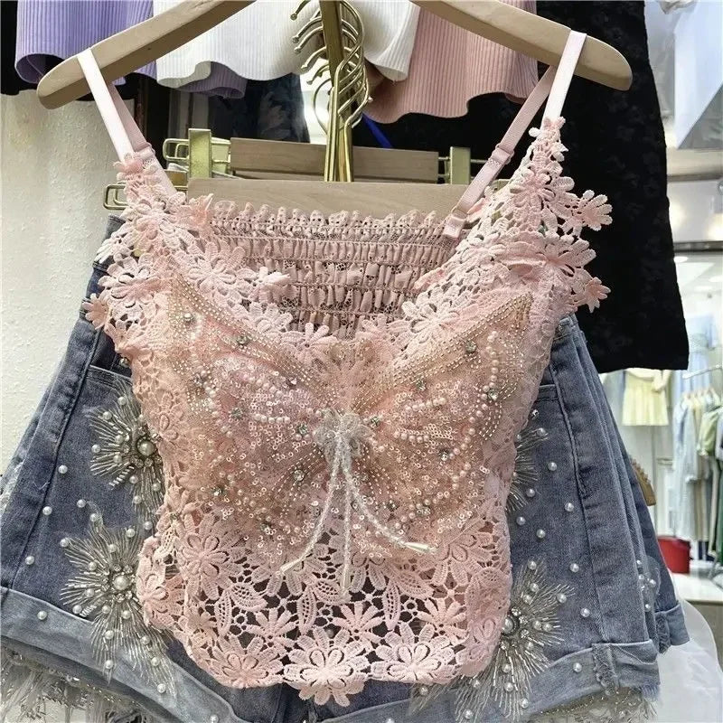 Top Féérique Papillon en Dentelle & Perles