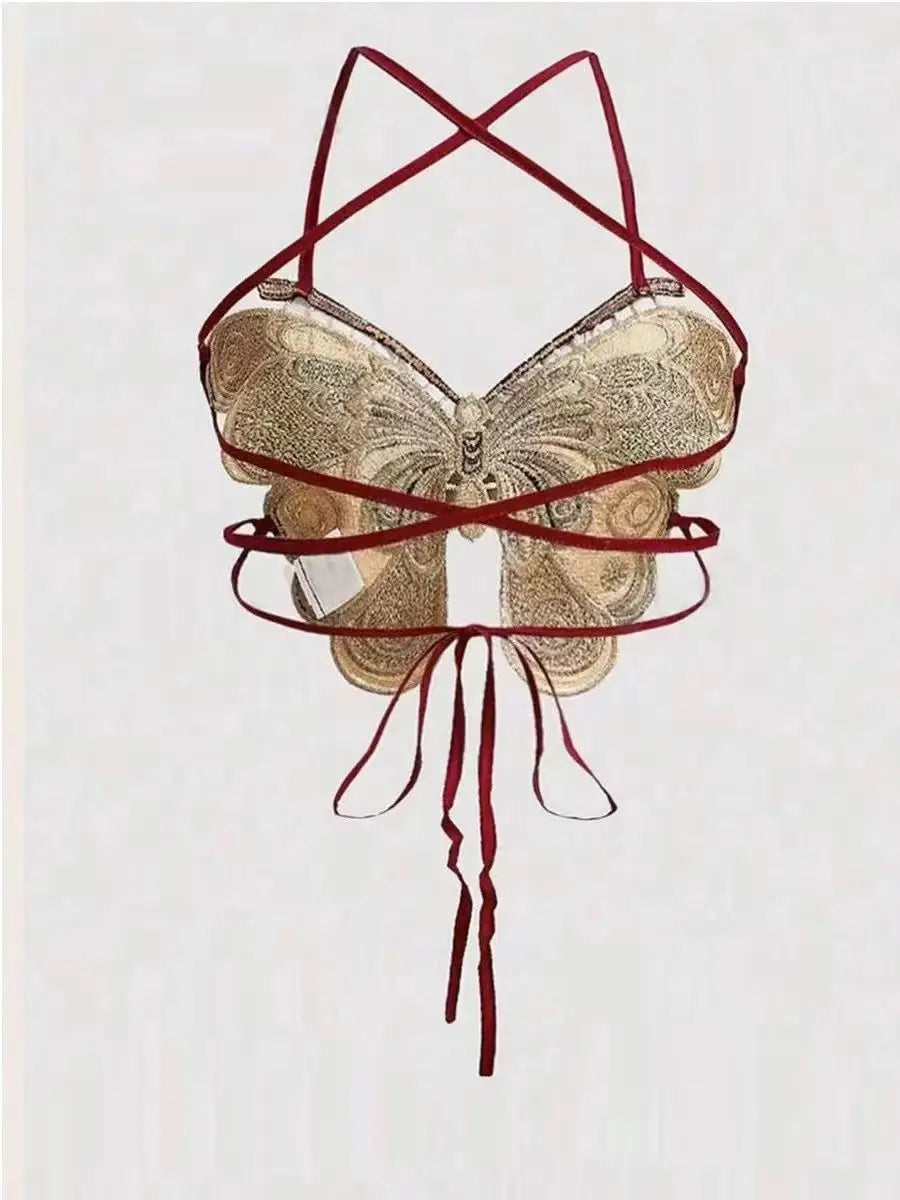 Top Papillon Brodé à Lacets –