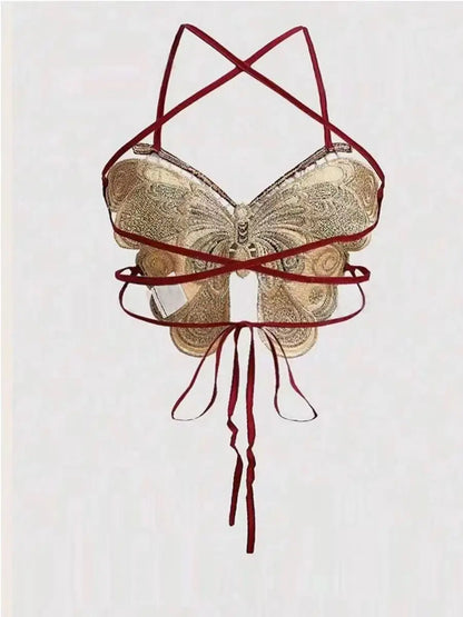 Top Papillon Brodé à Lacets –