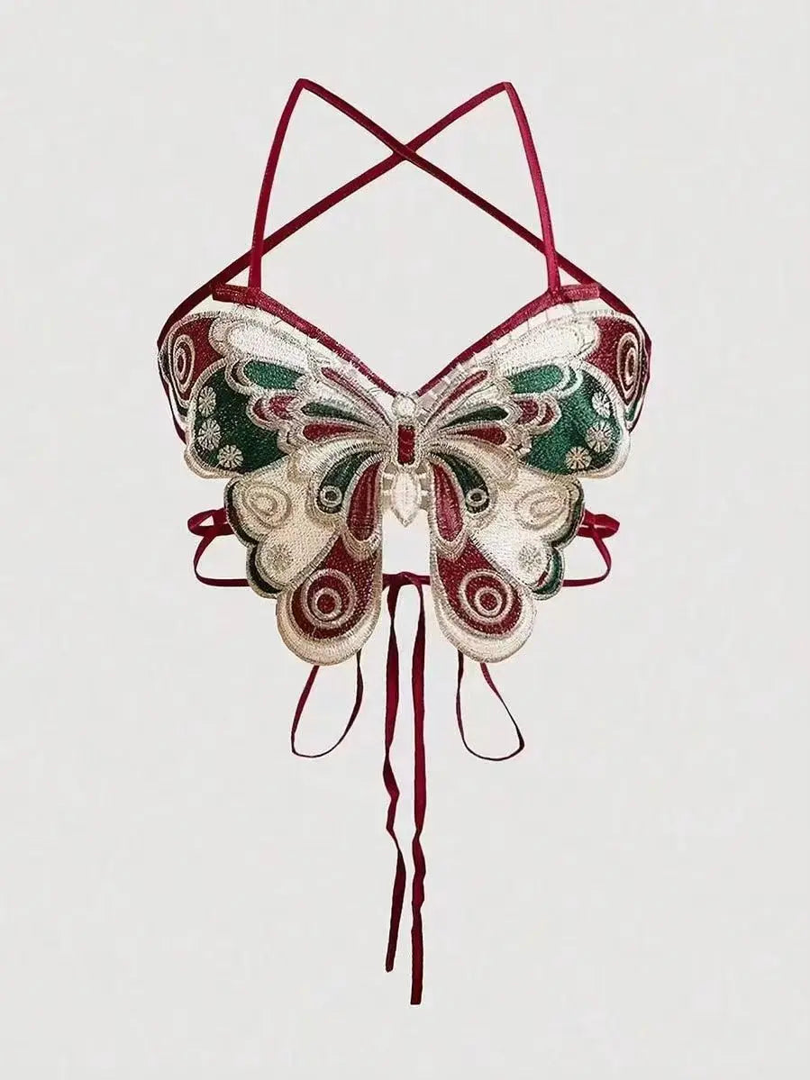 Top Papillon Brodé à Lacets –